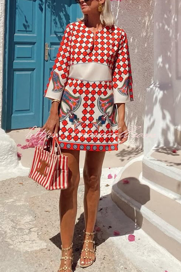 Unique Print V-Neck Loose Holiday Mini Dress