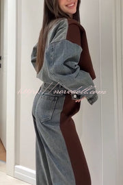 Sports Fashion Denim Patchwork Sweatshirt Fabric Zipper Long Sleeve Loose Jacket