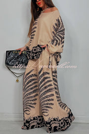 Unique Print Loose Drawstring Long Sleeve Top and Elastic Waist Casual Pocket Wide Leg Pants Set