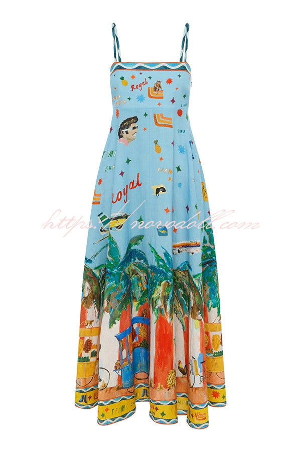 Summer Energy Linen Blend Unique Print Smocked Back Pocketed Midi Dress