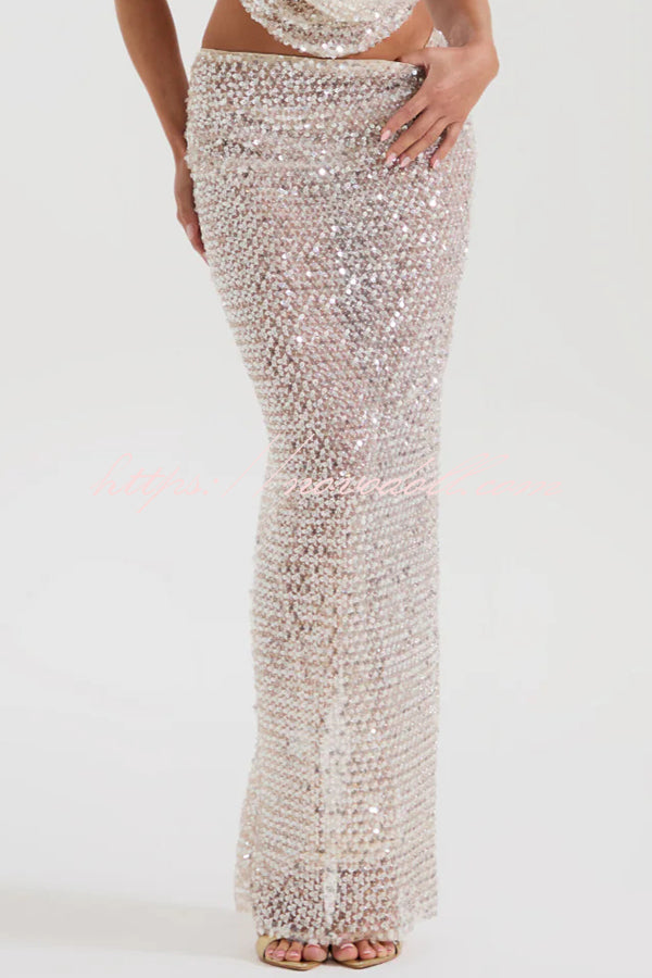The Great Gatsby Embellished Sequin Mid Rise Flare Maxi Skirt