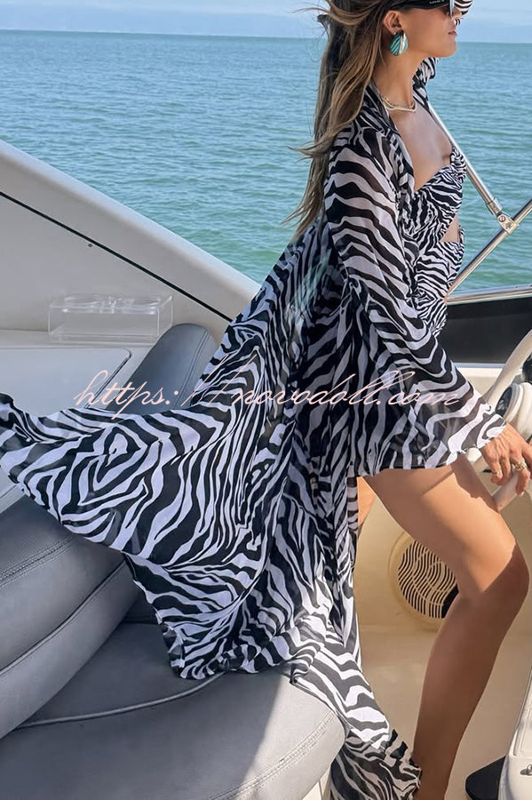 Marsie Zebra-print Elastic Drawstring Waist Long Bell Sleeve Cover-up Kimono