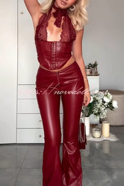 Style Challenge Stretch Faux Leather Lace Halter Tank and Zipper Waist Flare Pants Set