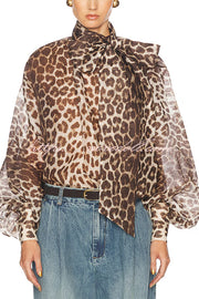 Arianne Chiffon Leopard Print Bow Neck Long Balloon Sleeve Loose Blouse