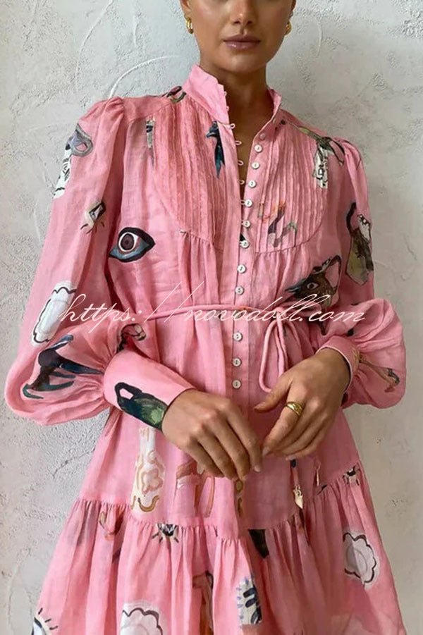 Unique Print Single Breasted Balloon Sleeve Tie Waist Ruffled Mini Dress