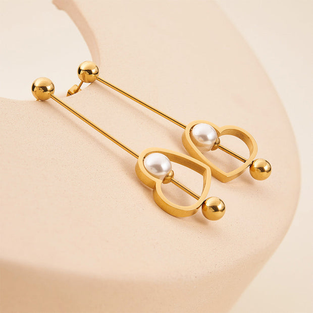 18K Gold Titanium Steel Heart-shaped Peach Heart Pearl Earrings