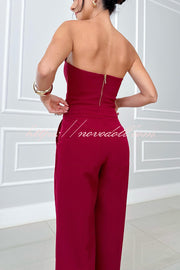 Elegant Bandeau Back Zip Cropped Top and High Waist Pocket Wide Leg Pants Set