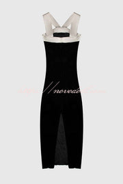 Sociable Elegance Velvet Contrast Bow Shoulder Strap Slit Stretch Midi Dress