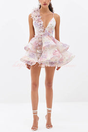 Floral Print V-neck Halter Back Tie Double Layer Mini Dress