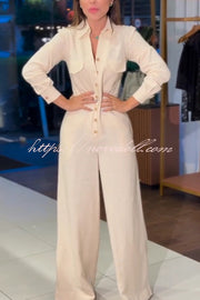 Linen Blend Lapel Long Sleeve Button Pocket Wide Leg Jumpsuit