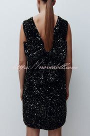Glam Season Velvet Sequin Back Oversized Bow Design Sleeveless Loose Mini Dress