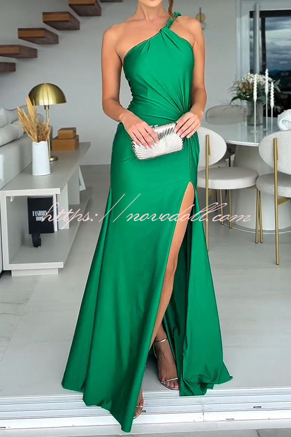 Ermia Satin Twist Ruched One Shoulder Cutout Detail Slit Maxi Dress