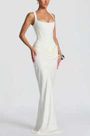 Larrah Square Neck Back Lace-up Satin Drape Hem Maxi Dress