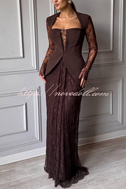 Belle Contrast Sheer Lace Fabric Patchwork Square Neck Long Sleeve Drape Maxi Dress
