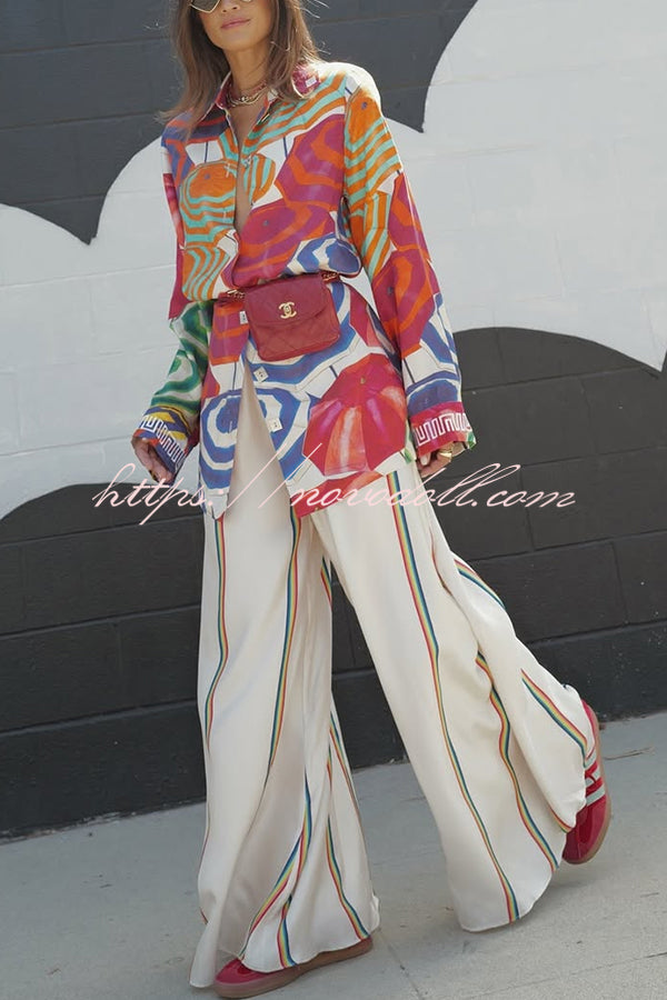 Ellah Satin Rainbow Stripe Print Drawstring Elastic Waist Pocket Wide Leg Pants