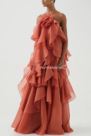 Free - Flowing Rose Detail Tiered Ruffles Halter A-line Maxi Dress