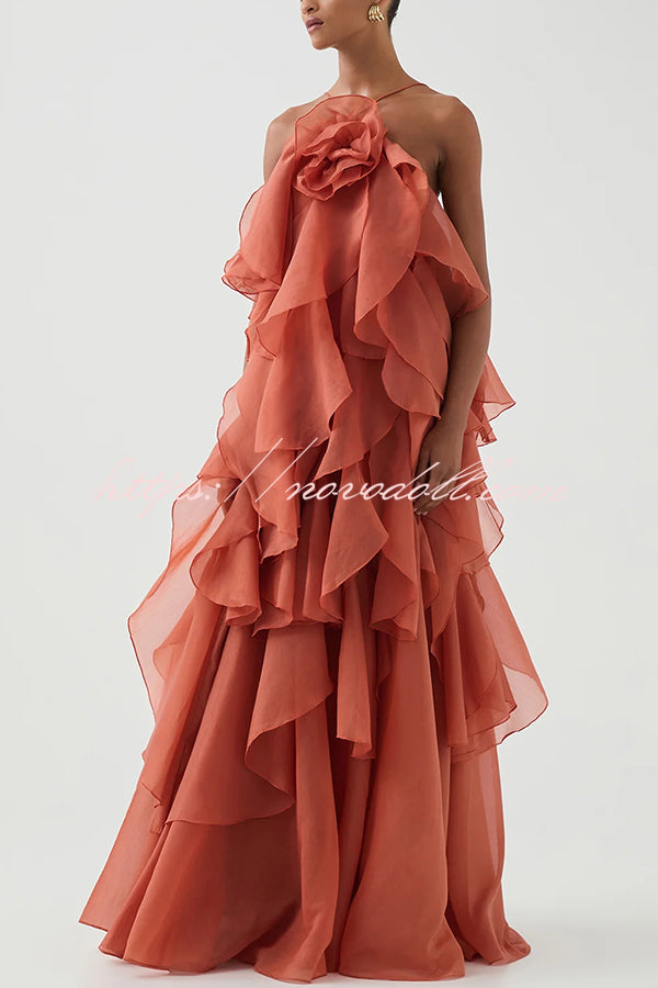 Free - Flowing Rose Detail Tiered Ruffles Halter A-line Maxi Dress