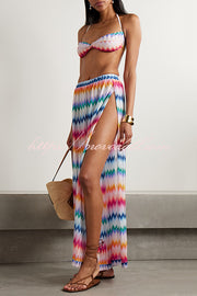 Colorful Zigzag Pattern Halter Neck Stretch Bikini and Elastic Waist Slit PantsThree-Piece Set