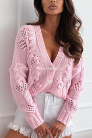 Fashion Hollow Long Sleeve V-neck Button Loose Knitted Cardigan