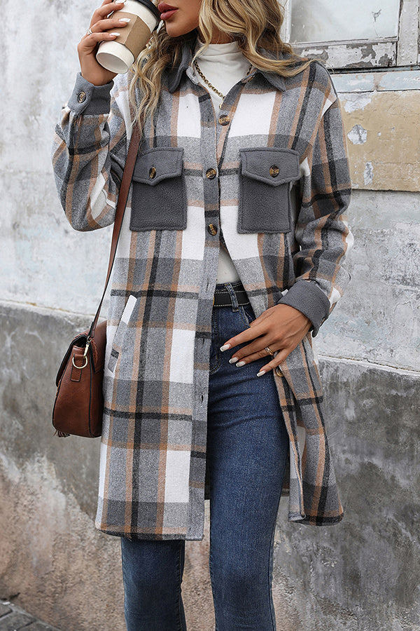 Retro Plaid Casual Long-sleeved Pocket Mid-length Coat