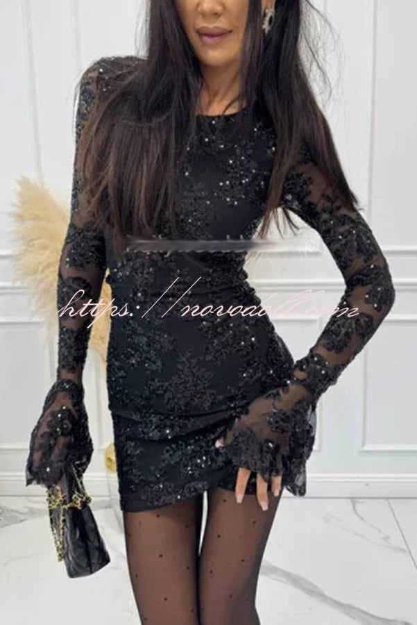 Deep and Dazzling Floral Texture Sequin Long Bell Sleeve Open Back Mini Dress
