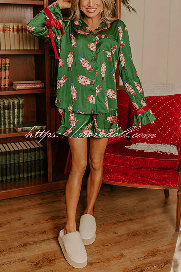 Christmas Dreaming Satin Nutcrackers Print Velvet Trim Elastic Waist Pocketed Pajama Shorts Set