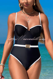 Fashionable Contrast-color Overlock Stretch One-piece Swimsuit