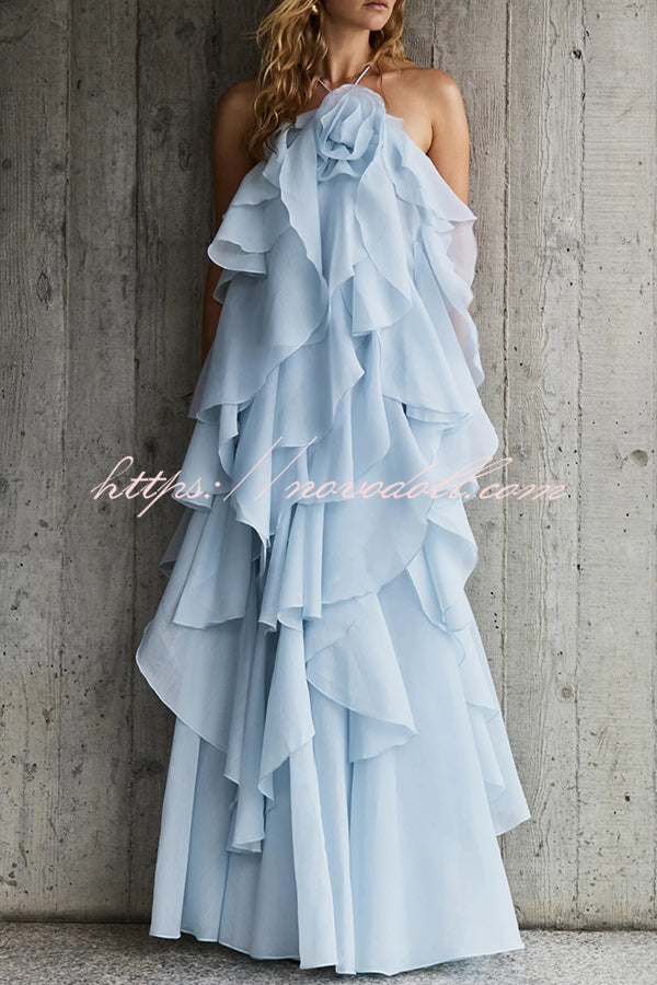 Free - Flowing Rose Detail Tiered Ruffles Halter A-line Maxi Dress