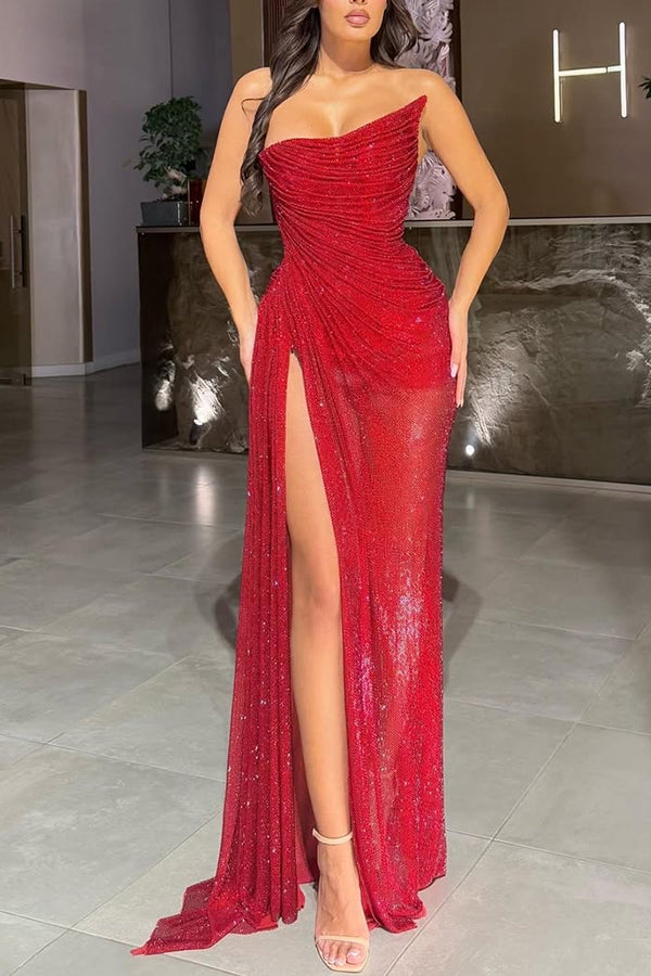 Lysette Sequin Pleated Design Irregular Off-shoulder Slit Drape Gown Maxi Dress