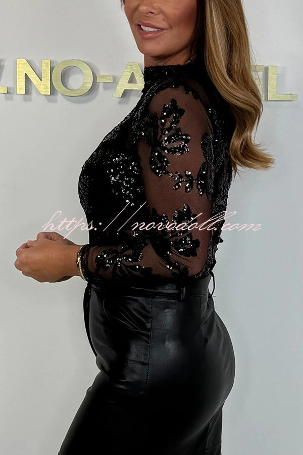 Chelsea Sheer Flower Sequin Detail Mock Neck Long Sleeve Stretch Top