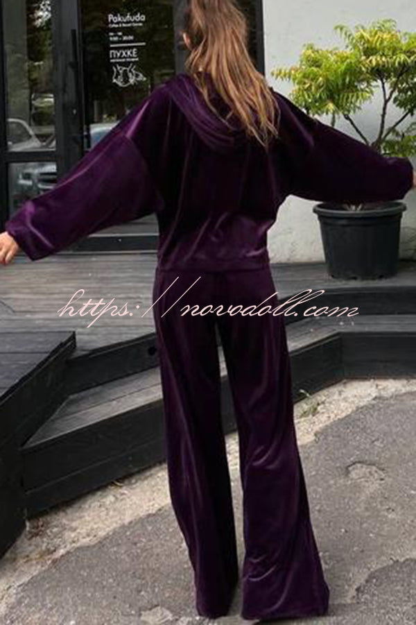 Velvet Casual Zip-up Hooded Top and Elastic Waist Wide Leg Pants Set