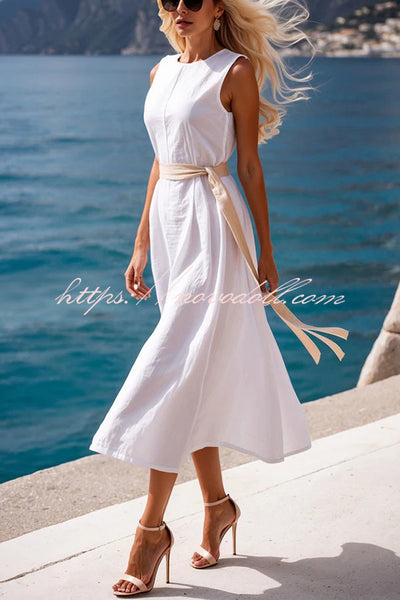 Cannes Beach Linen Blend Waisted Tie-up Midi Dress