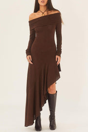 Temperament Off Shoulder Long Sleeve Irregular Hem Stretch Maxi Dress