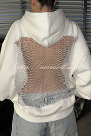 Fashionable Shiny Mesh Hollow Back Loose Long-sleeved Hooded Sweatshirt