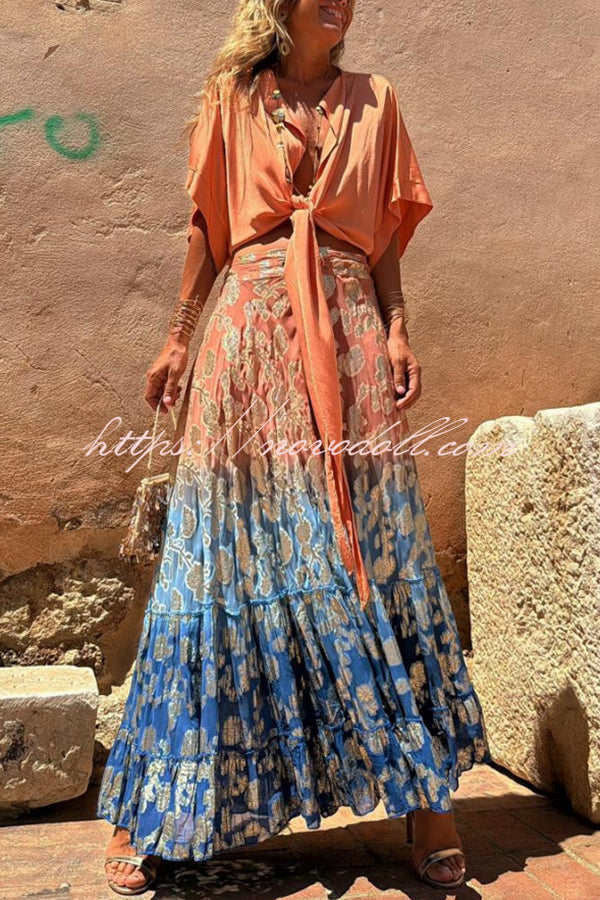 Elina Tie Dye Gradient Flower Drawstring Elastic Waist Maxi Skirt