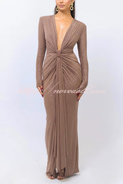 Solid Color Shiny Sexy V-neck Long Sleeve Ribbon Slit Slim Fit Maxi Dress