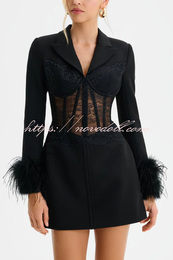 GIA Lace Corset Waist Feather Sleeve Structured Lapel Blazer Mini Dress