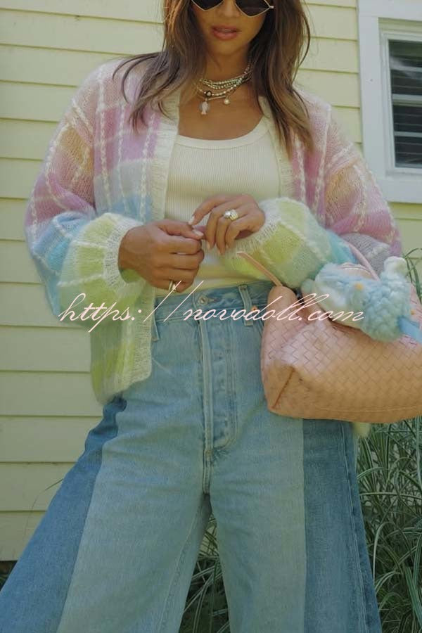 Palette Day Knit Color Blocks Open Front Balloon Sleeve Loose Cardigan
