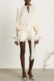 Ninah Glitter Fabric Pleated Balloon Sleeve Tiered Ruffle Hem Mini Dress