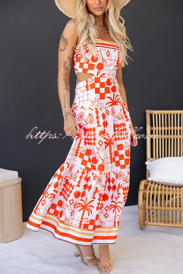 Unique Print Waist Cutout Back Gathered Suspender Maxi Dress