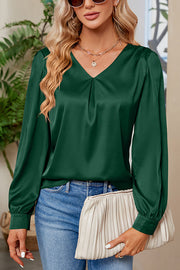 Satin Pleated V-neck Long-sleeved Loose Shirt