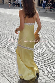 Sweet Trend Satin Lace Trim V-neck Slit Slip Maxi Dress