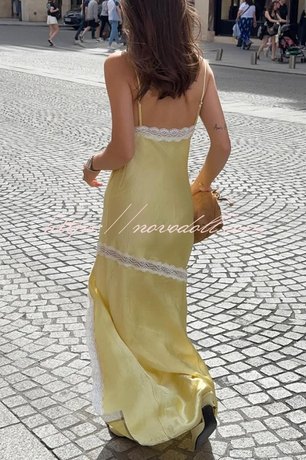 Sweet Trend Satin Lace Trim V-neck Slit Slip Maxi Dress