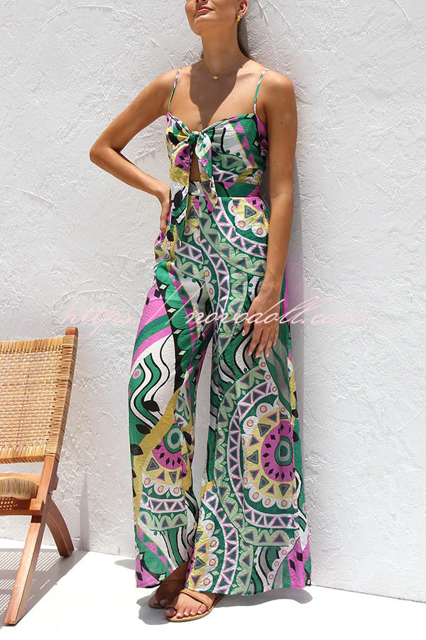 Unique Printed Suspender Back Pleated Pocket Wide-leg Jumpsuit