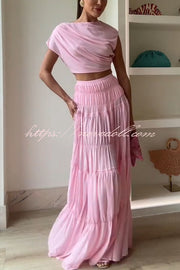 Stunning Chiffon Ruched Shoulder Short Sleeve Crop Top