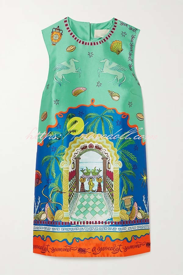 Natural Beauty Satin Unique Print Sleeveless H-line Mini Dress