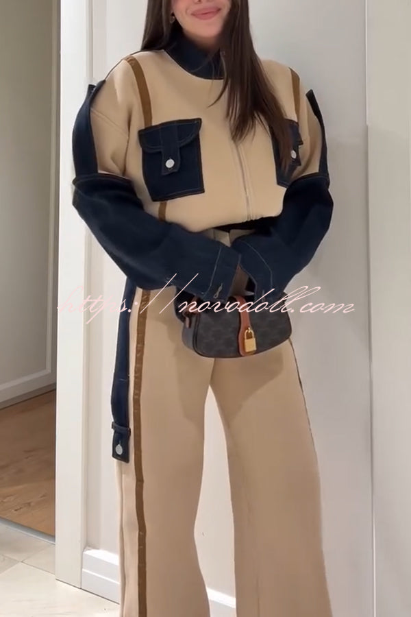 Chill Whispers Denim Patchwork Sweatshirt Fabric Zipper Long Sleeve Pocket Loose Jacket