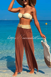 Solid Color Metal Button Decorated Stretch Two-piece Bikini Swimsuit