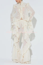 Fashionable Ruffled Elastic Waist Holiday Style Flared Pants