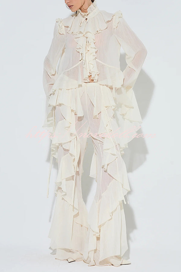 Fashionable Ruffled Elastic Waist Holiday Style Flared Pants
